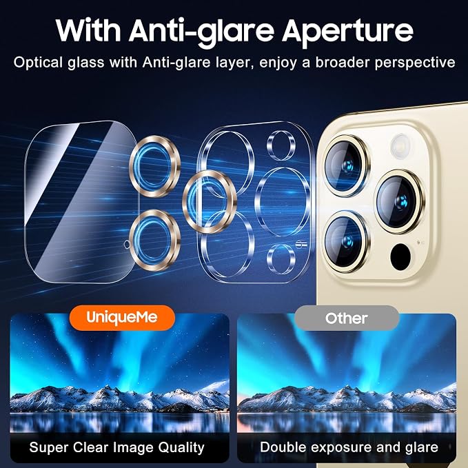 UniqueMe for 3 Pack iPhone 15 Pro/15 Pro Max Camera Lens Protector-Gold | Drop Protection, Case Friendly, 9H Tempered Glass, Camera Cover Screen, 2023 New Version - Image 4