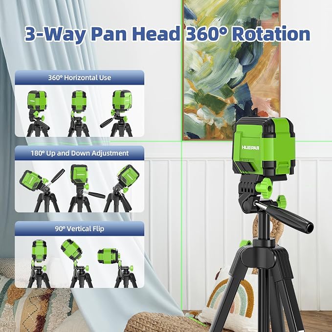 Huepar 60-Inch Lightweight Tripod Portable Adjustable Laser Level Tripod | 3-Way Swivel Pan Head, 2 Bubble Levels, 1/4" and 5/8" Thread Mount for Varieties Tools, Only for Indoor Basic Work - Image 3