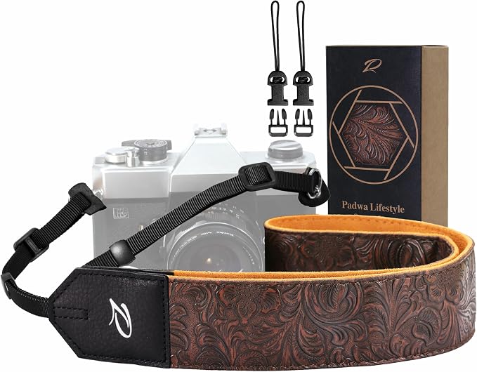 Padwa Lifestyle Camera Strap - 2" Coffee Faux Leather Carving Camera Straps with Full Grain Leather Ends for Photographers, Vintage Soft Suede Fabric Padded Strap Quick Release fits All Cameras by PadwaLifestyleCameraStrap