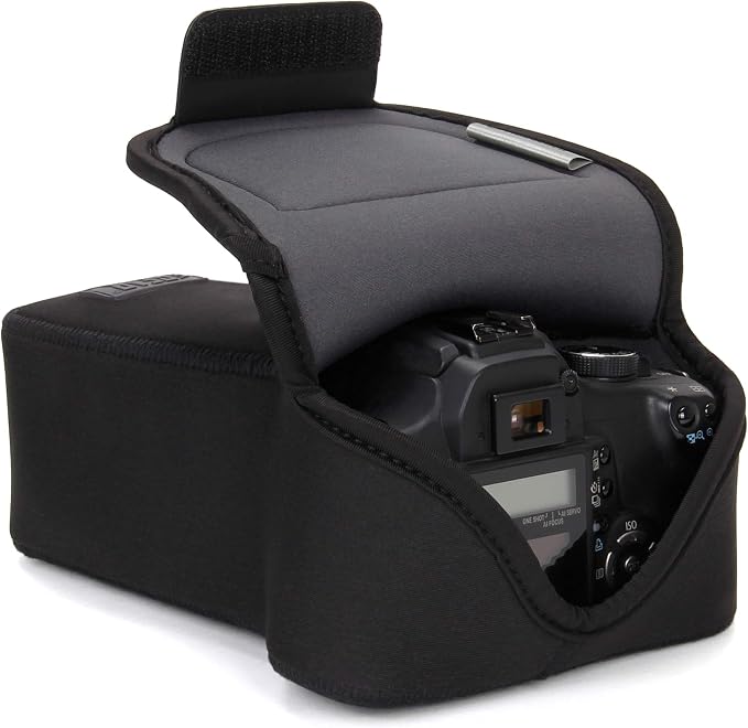 USA Gear Camera Sleeve (Zoom) for Compact SLRs with Lens Compatible with Canon EOS R100 Nikon Z30 Sony ZV-E10, and more - Padded Neoprene DSLR Case with Accessory Pocket & Belt Loop (Black) by USAGEAR