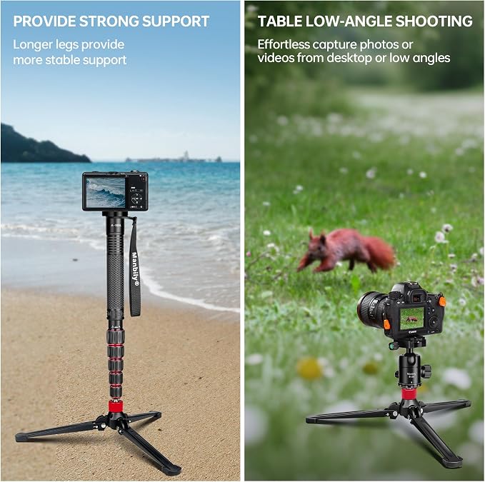 M-5 Tripod Base, Longer Desktop Tripod with Three Upgraded Extended-Leg, 3/8" Screw Monopod Stand Support for Ball Head/Fluid Head DSLR Camera Camcorder, Tilt 20° & Rotate 360° (Red) - Image 5