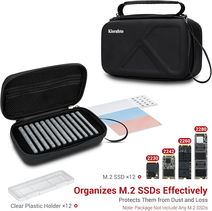 EVA PU M.2 SSD Holder with 12 Clear M.2 NVMe Cases for 2280/2260/2242/2230 SSDs, Water-Resistant & Shockproof with Zipper Pocket & Carry Handle - Image 2