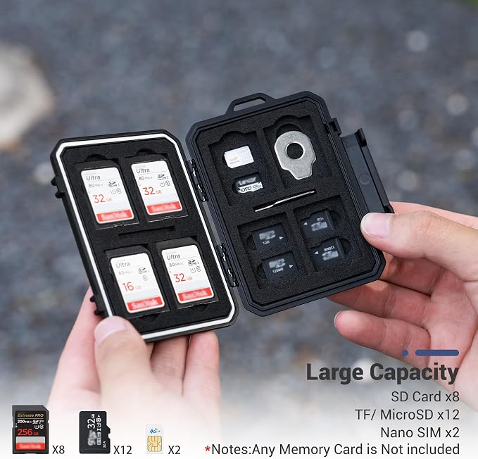 JJC Slim Memory Card Case for 8 SD 12 TF and 2 Nano SIM Cards, IP67 Waterproof Anti-Shock Anti-Dust, Compact Size & Portable SD SDHC SDXC TF Micro SD Card Holder Organizer Storage Box with Carabiner - Image 2