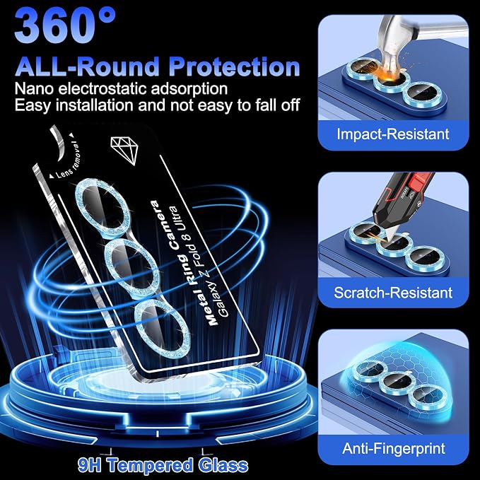 Meshine for Samsung Galaxy Z Fold 8 Ultra Camera Lens Protector,Scratch Proof,Strong Adsorption,9H Hardness with Metal Ring Camera Cover,Case Friendly,Accessories Lens Protector,Glitter Blue - Image 3