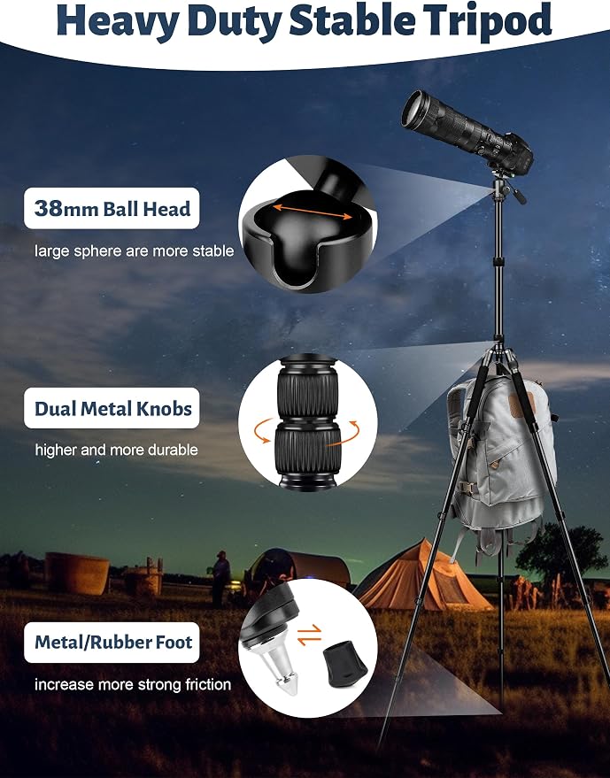 83" Camera Tripod, Aluminum Tripod Monopod for DSLR Phone | Heavy Duty Travel Tripod for Spotting Scope Binoculars Telescope Camcorder, 360° Ball Head, Max Load 35lb - Image 4