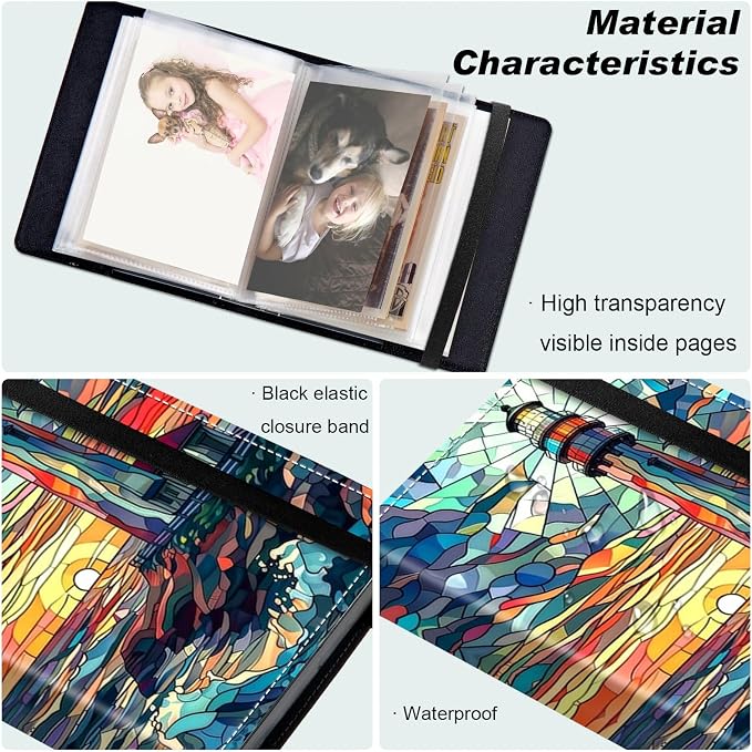 Small Photo Album 5x7, 60 Pockets Holds 120 Photos, Slip-in Pocket Photo Album with Black Elastic Band for Family Wedding Baby Travel Pictures, A Colorful Majestic Lighthouse - Image 5