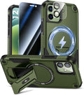 Goton 3 in 1 for iPhone 12 Case with Privacy Screen Protector Green | Glass Camera Lens Protector,Compatible for MagSafe,Invisible Kickstand, Shockproof Phone Cover for iPhone12 by Goton
