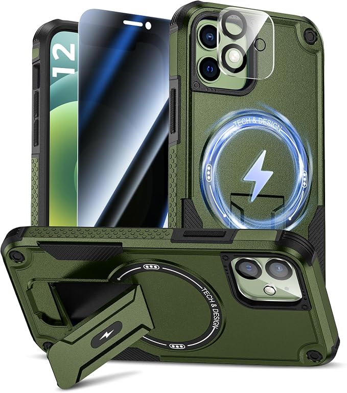 Goton 3 in 1 for iPhone 12 Case with Privacy Screen Protector Green | Glass Camera Lens Protector,Compatible for MagSafe,Invisible Kickstand, Shockproof Phone Cover for iPhone12 by Goton