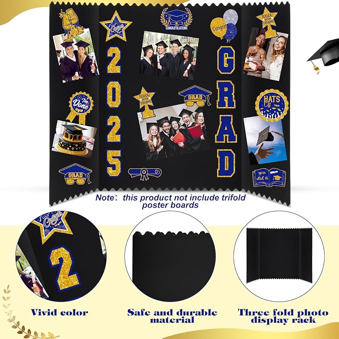 Glenmal Blue Gold 14 Sheets Graduation Photo Display Board Sticker Class of 2026 Picture Display Stickers Accessories for 2026 Grad Party College Board Photo Frame Decor (12x10inch,8.3x8.3inch) - Image 3