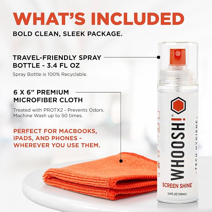 WHOOSH! Screen Shine Go XL – Screen Cleaner Spray & Wipe Kit, 3.4 fl oz | Includes 6x6" Microfiber Cloth, Sleek Bottle for Home & Travel, Streak Free Finish, For Car, Computer, MacBook & Eyeglasses - Image 2
