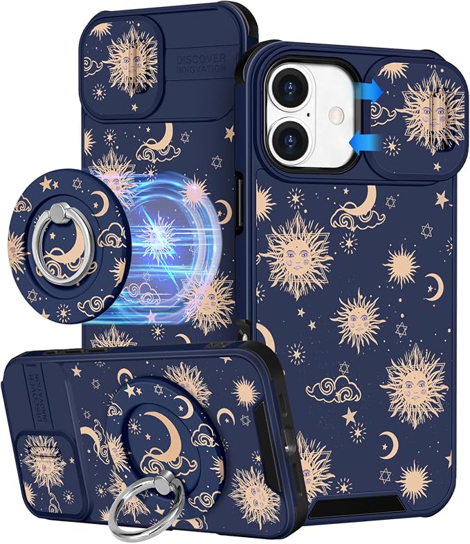 Buleens for iPhone 16 Case 6.1 Inch - with Ring Stand & Camera Cover Aesthetic Cute Designed for Women Girls Girly Kawaii Sun Moon Stars Unique Phone Case for iPhone 16 Compatible with Magsafe by Buleens