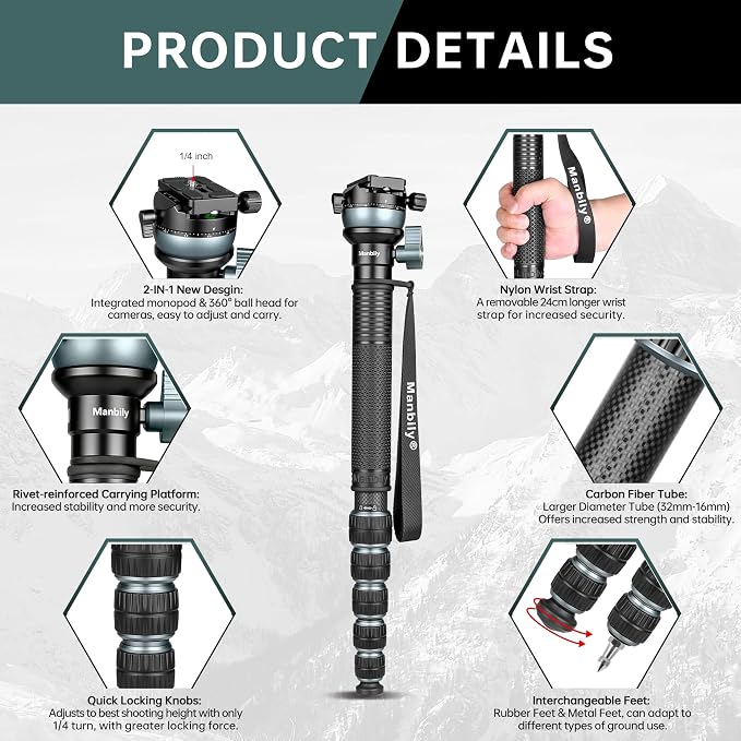 Camera Monopod with 360° Ball Bowl Head and 1/4inch Arca-Swiss Quick Release Plate for DSLR Cameras, Max Load 33lbs/15kg (C-666 PRO) - Image 5
