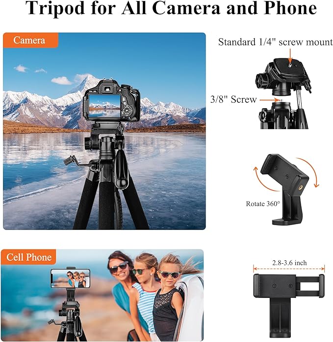 Victiv 74” Camera Tripod, Phone Tripod for iPhone with Phone Holder, Orange | Aluminum Professional Heavy Duty Camera Tripod Stand, Tall Tripod for DSLR with Carry Bag, Compatible with Canon Nikon iPhone - Image 3