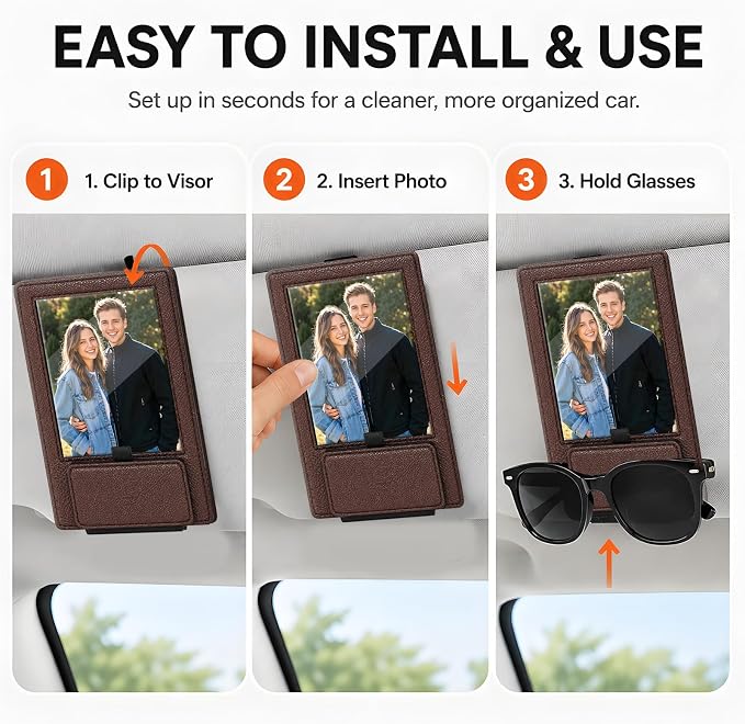 2-in-1 Car Visor Sunglasses & Photo Holder, Magnetic PU Leather Glasses Clip with Picture Display Slot, Universal Sun Visor Organizer for Eyeglasses, Personalized Cards & Memories, Dark Brown - Image 4