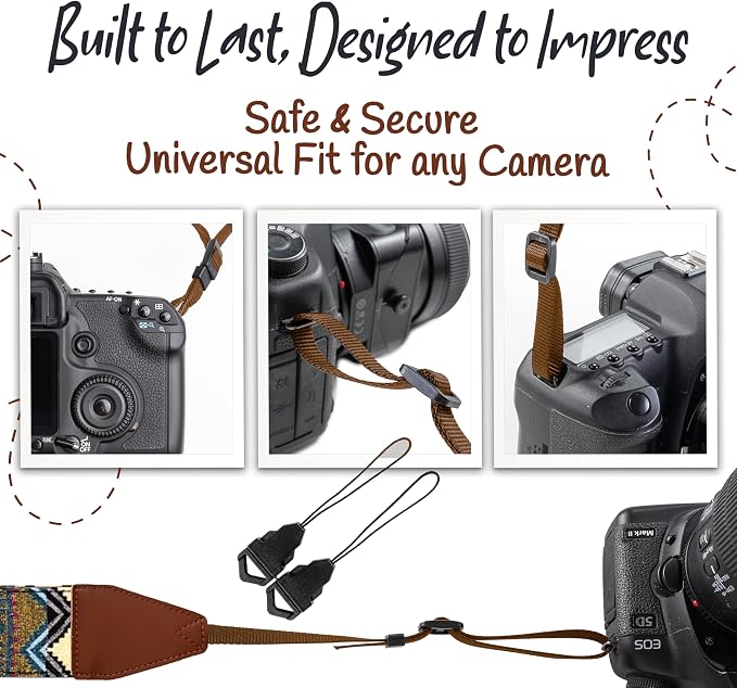 Art Tribute Camera Strap - Shoulder, Crossbody & Neck Camera Strap for Photographers, Fits All Cameras, Canon Nikon Sony Fujifilm, Padded Strap W/Quick Release, Embroidered Cotton & Leather Ends - Image 7