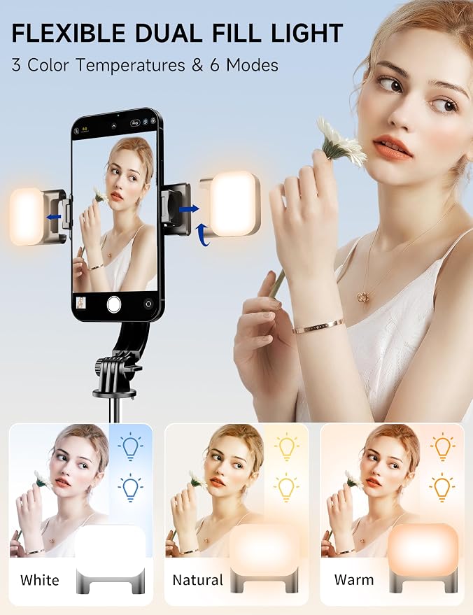 45" Selfie Stick Tripod with 2 Lights, Extendable 5 in 1 Selfie Stick Phone Tripod, Portable Selfie Sticks with Wireless Remote Compatible with iPhone 15/14/13 Pro Max, Samsung, Android, Gopro - Image 2