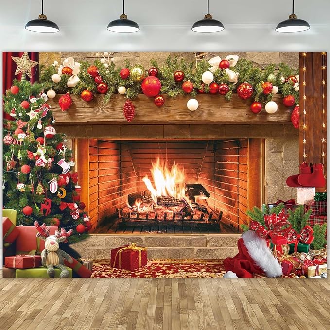12x8ft Polyester Fabric Christmas Fireplace Backdrop Vintage Xmas Tree Sock Background Photography for Kids Portrait Party Decorations Photo Studio Booth Props Decor Supplies - Image 2