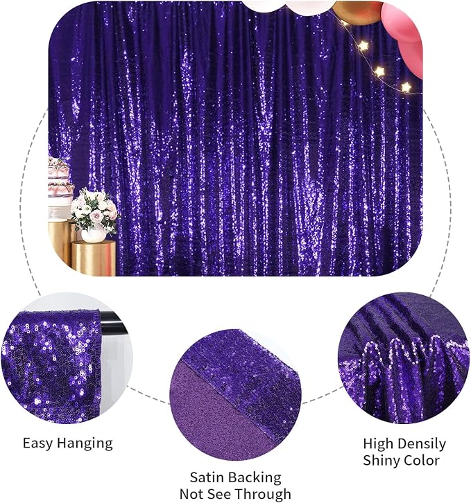 SquarePie 6x8ft Purple Sequin Backdrop, High Density Non-Transparent Glitter Curtain for Photography, Birthday, Wedding Party Decorations, Thick Solid Background with 4" Rod Pocket, 1 Panel - Image 9