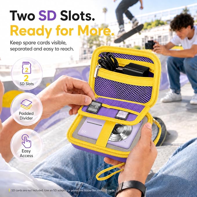 Comecase Digital Camera Case for Kodak FZ55/FZ45, Purple&Yellow Zipper | Hard EVA Shell, Padded Divider and 2 SD Card Slots Organize a Compact Camera, Charger and Cable for Travel. Case Only. - Image 4