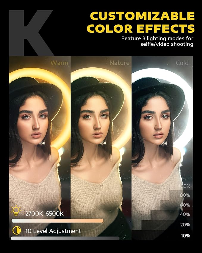 Kaiess 10.2" Selfie Ring Light with 65" Adjustable Tripod Stand | Phone Holder for Live Stream/Makeup, Upgraded Dimmable LED Ringlight for Tiktok/YouTube/Zoom Meeting/Photography (rgb) - Image 3