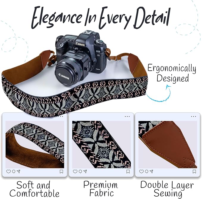 Art Tribute Camera Strap - Shoulder, Crossbody & Neck Camera Strap for Photographers, Fits All Cameras, Canon Nikon Sony Fujifilm, Padded Strap W/Quick Release, Embroidered Cotton & Leather Ends - Image 3