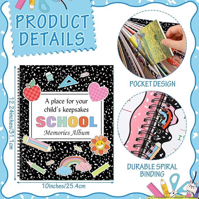 Motipuns School Memory Book Photo Album for Kids, Composition Notebook | School Years Keepsake Book Album Scrapbook from Preschool Through 12th Grade with 14 Pocket for Storage Portfolio Pictures - Image 2