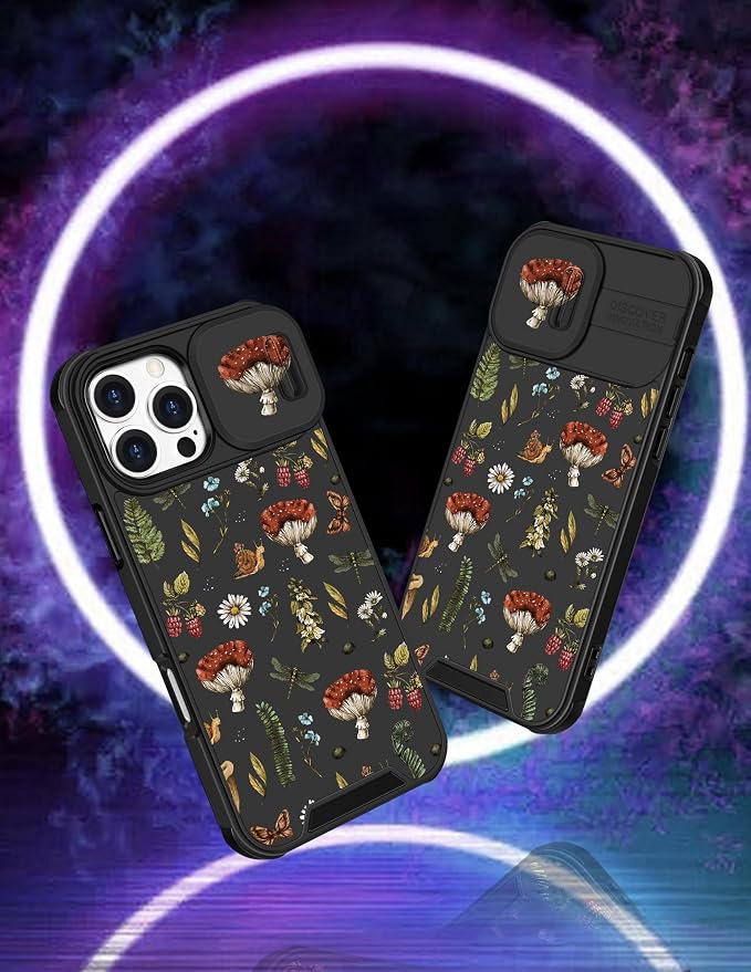 for iPhone 16 Pro Case - Women Cute Phone Cover Girly Pretty Fancy Unique Aesthetic Design Slide Camera Cover Protective Case for Apple for iPhone 16 Pro,Mushroom Floral - Image 4