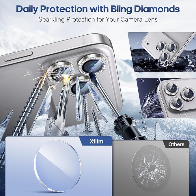 iPhone 17 Pro/17 Pro Max Camera Lens Protector Bling Diamond, Silver | Individual Metal, 9H Hardness, Scratch Resistant, Shockproof, Drop Protection, Case Friendly, Stylish Accessories - Image 3