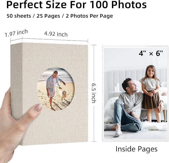 Vienrose Photo Album 4x6 Photos 100 Pockets Linen Cover Slip-in Photo Book with Round Window for Wedding, Vacation Memories, Personalized Picture Organizer, Beige - Image 2