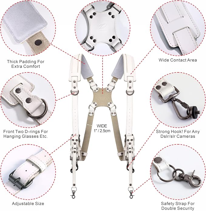 Padwa Lifestyle White Dual Camera Harness Strap for Two Cameras - Dual Shoulder Full Grain Leather Harness,Multi Double Camera Gear with Thick Padded,Double Camera Harness for Photographers - Image 2
