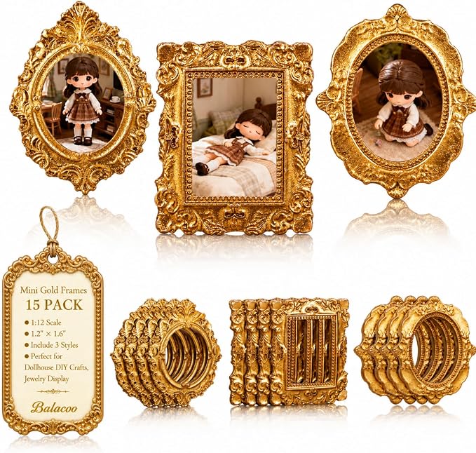Balacoo 15 Pcs Miniature Photo Frames Mini House Picture Frame Accessories | Resin Antique Baroque Dollhouse Decor, Miniature Picture Frames for Dollhouse DIY Crafts, Jewelry Display, Phone Case 3 Style by balacoo