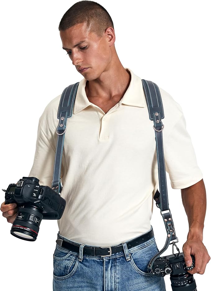 Padwa Lifestyle Dark Green Dual Camera Harness Strap for Two Cameras - Double Shoulder Full Grain Leather Harness,Multi Double Camera Gear with Thick Padded,Double Camera Harness for Photographers - Image 3