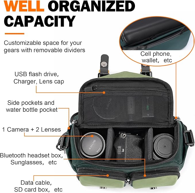 Cwatcun Midi Camera Sling Bag, Waterproof Crossbody Case with Tripod Holder | Camera/Photography Shoulder Messenger Bag for Canon, Nikon, Sony, Fuji DSLR/SLR/Mirrorless Camera, LensFits 1DSLR+2lenses. - Image 2