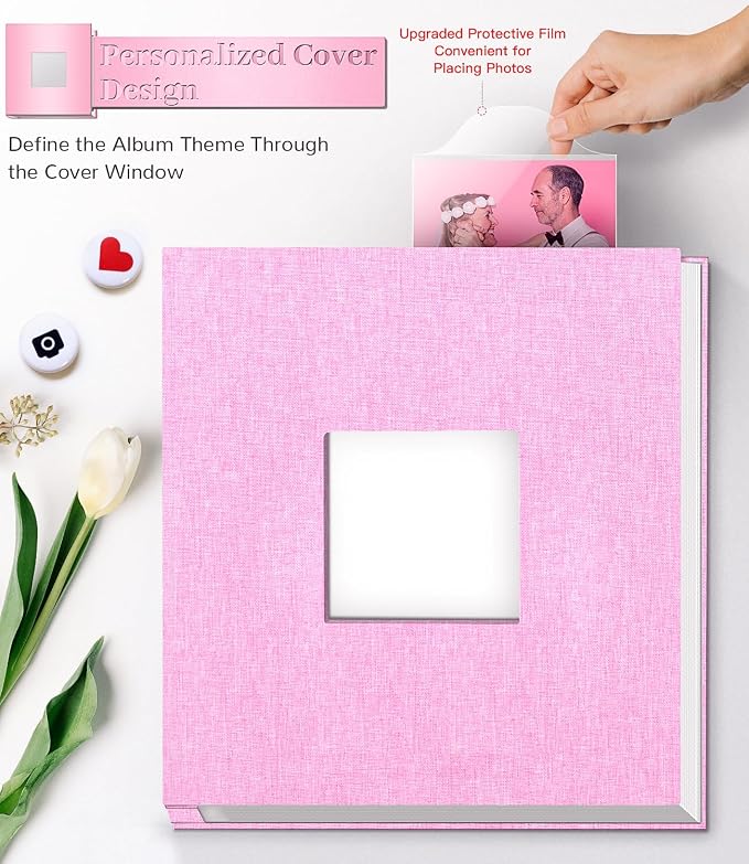 Artfeel Photo Album Self Adhesive Scrapbook Album for 3x5 4x6 5x7 8x10 Pictures,40 Pages Linen Cover with Display Window DIY Photo Book,Ideal Gifts for Family Travel Wedding Baby - Image 2