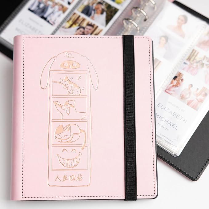 Photo Album For 2X6 Photo Booth Slip In Strips And 4X6 Pictures - 6 Ring Notebook Binder With 20 2 By 6 Sleeves - Fits 80 Photobooth Prints (PINK HARD COVER NEKU&CO, 2X6) by SMILEWAVE