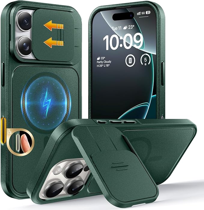 TOCOL for iPhone 16 Pro Max Case with Slide Camera Cover, Kickstand and Camera Control Button, Fit for MagSafe, Rugged Solid Phone Case, Non-Slip, Drop Protection, Alpine Green by TOCOL
