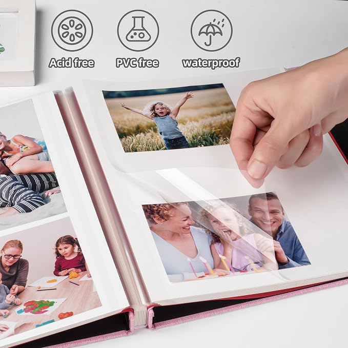HoneyTolly Large Photo Album Self Adhesive with Picture Display Window, DIY Scrapbook Album for 4x6 8x10 Pictures, 40 Pages Linen Cover Memory Book with Scraper and Metallic Pen(Pink) - Image 3
