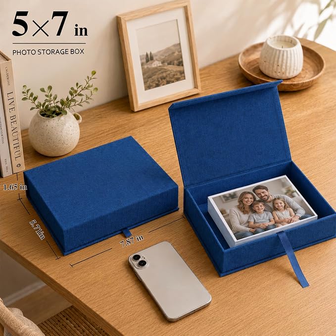 Vienrose Small Photo Storage Box, 4"x6", Linen Postcard Keeper, Dark Blue | 1Pc Sturdy Linen Cover Box for Photos, Postcards & Sticker Storage, Perfect for Home, Office, Craft Room, and Travel - Image 2