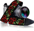 Camera Strap - Shoulder, Crossbody & Neck Camera Strap for Photographers, Fits All Cameras, Canon Nikon Sony Fujifilm, Padded Strap W/ Quick Release, Embroidered Cotton & Leather Ends, Red Roses by ArtTribute