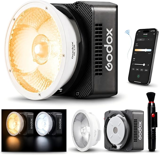 Godox ML40Bi Bi-Color LED Video Light, Portable COB Photography Light with Built-in Battery, 2800K-6500K, 28,000 Lux with ML-L10 Reflector, CRI/TLCI 96, 11 FX Effects, USB-C Charging, App/NFC Control by GODOX