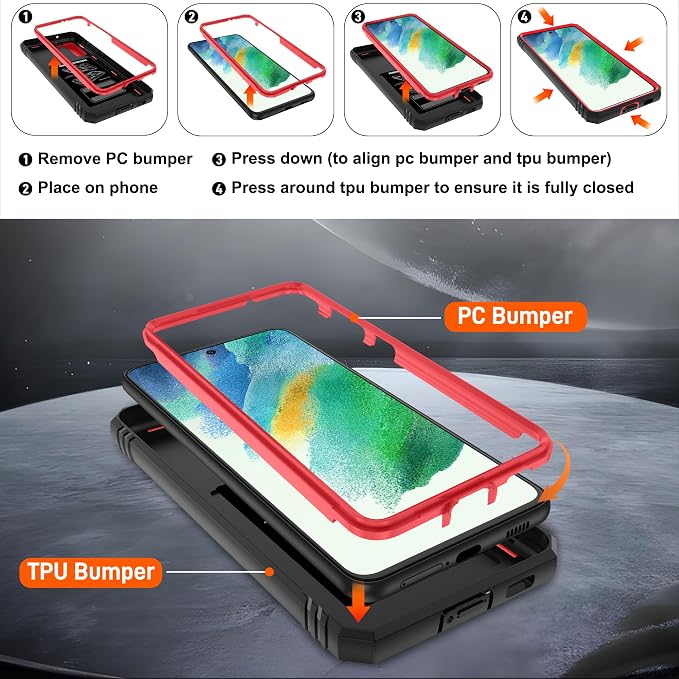 Gritup for Samsung Galaxy S21 FE 5G Case with 2PCS Screen Protector, Build in 360° Rotating Ring Kickstand, Military Grade Protective Case for S21 FE Phone, Red - Image 4