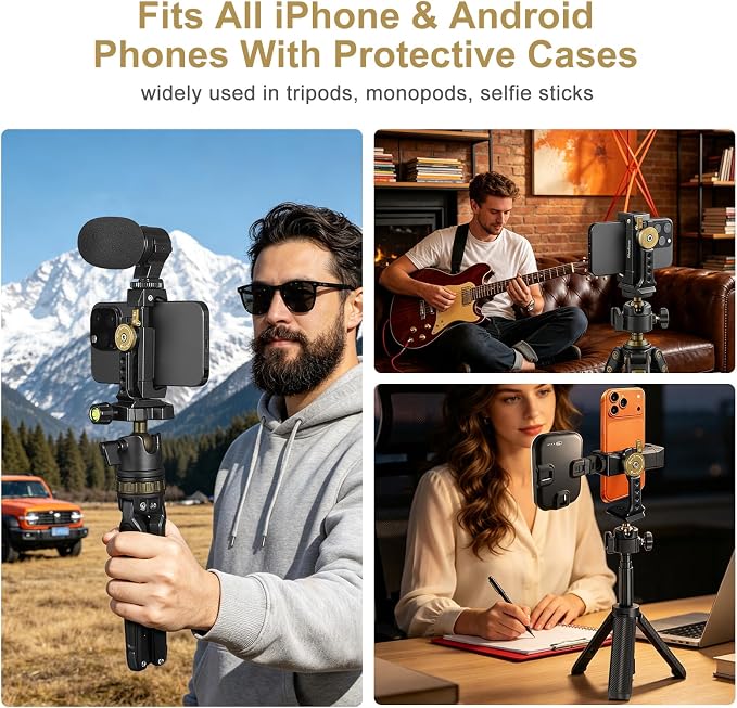 Minifocus Metal Phone Tripod Mount | 1/4" Threads with Cold Shoe|360° Rotatable Phone Clamp|Compatible with sellphone for Selfie Stick|Tripod|Streaming - Image 8