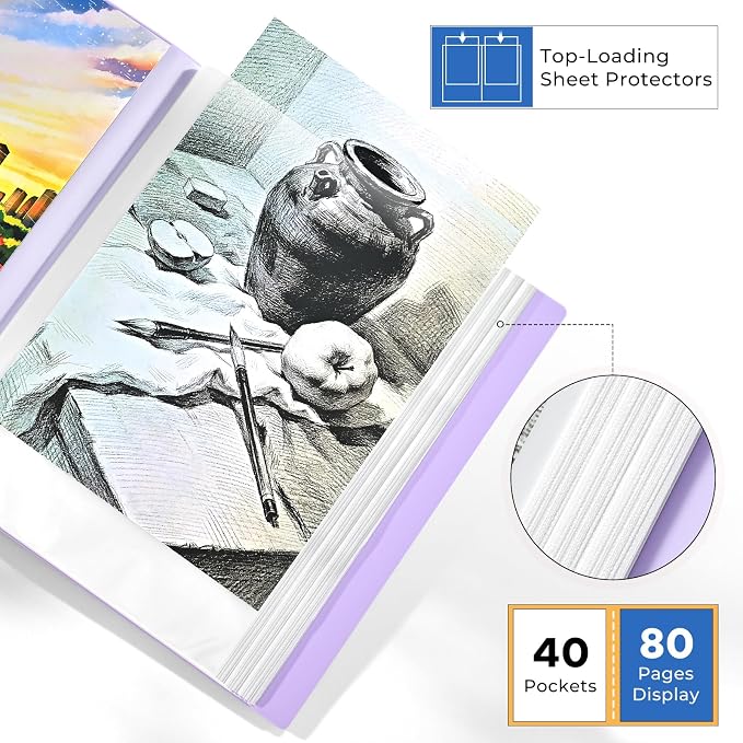 XRUNMIX Art Portfolio 8.5X 11 Inch, 40 Pockets (80 Pages Capacity) Letter Size Display Book with Clear Sheet Protectors, Presentation Folder for Artwork/Documents/Photos - Image 3