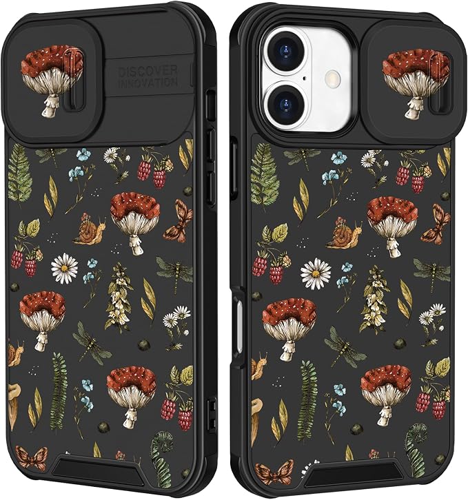 for iPhone 16 Case - Women Cute Phone Cover Girly Pretty Fancy Unique Aesthetic Design Slide Camera Cover Protective Case for Apple for iPhone 16,Mushroom Floral by Goocrux