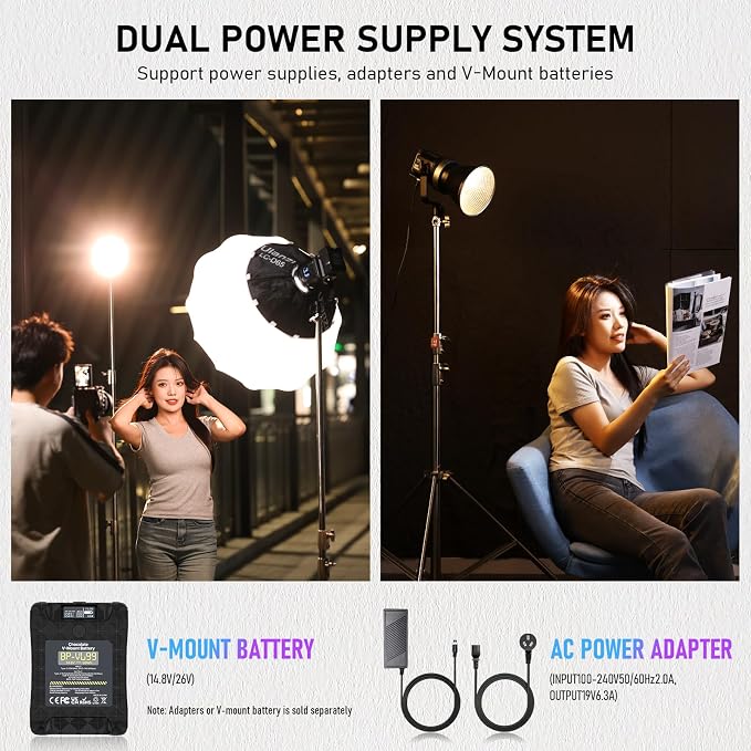 ULANZI 120W Bi-Color LED Video Light, 2700K-6500K 20700 lux/m COB Bowens Mount Photography Studio Light Continuous Output Lighting with APP Control, Adapter and V-Mount for Battery Powered, 6 Effects - Image 6