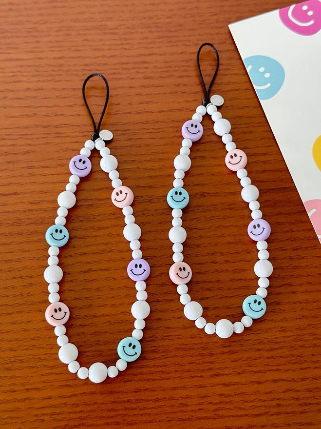 Drawwind Phone Charm Beaded Wristlet Strap Universal Cell Phone Lanyard Cute Bracelet Wrist Strap Beaded Chain String Handmade Accessories for Case Camera Bags (Smiley Face) - Image 6