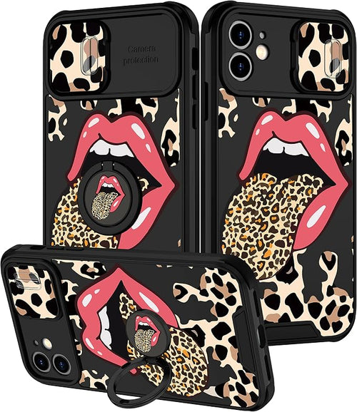 (2in1 for iPhone 11 Case Leopard Red Lip for Women Luxury Phone Cover Cute Cheetah Print Design with Slide Camera Cover Protective Black Brown Cases for iPhone 11 6.1'' by Goocrux