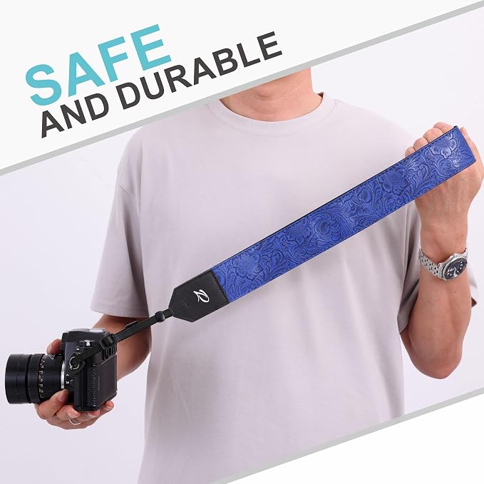 Padwa Lifestyle Camera Strap - 2" Blue Faux Leather Carving Camera Straps with Full Grain Leather Ends for Photographers, Vintage Soft Suede Fabric Padded Strap Quick Release fits All Cameras - Image 5