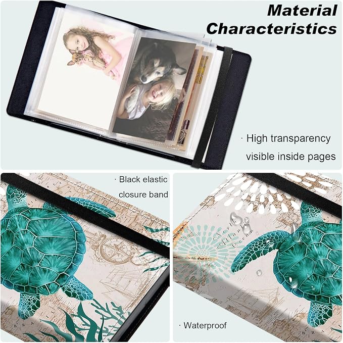 Small Photo Album 5x7, 60 Pockets Holds 120 Photos, Slip-in Pocket Photo Album with Black Elastic Band for Family Wedding Baby Travel Pictures, Cute Green Turtle - Image 5