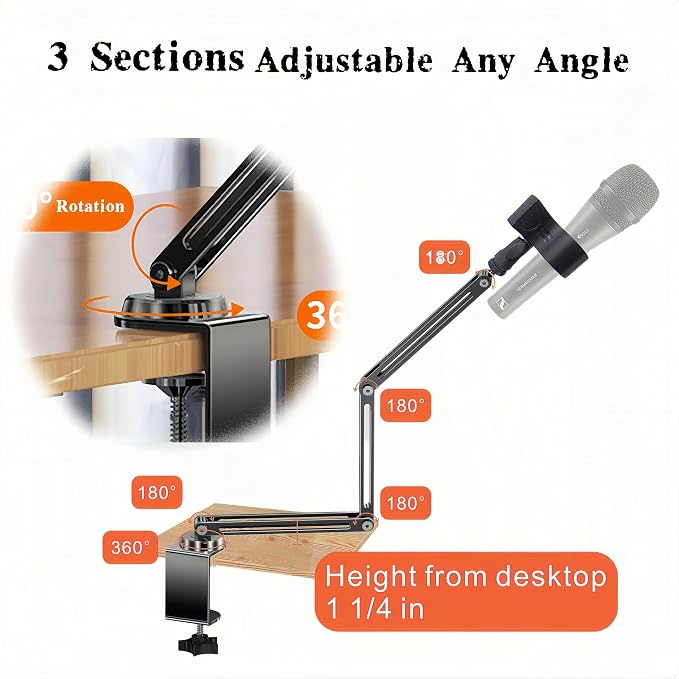 Low Profile Mic Boom Arm, 360° Rotatable 3-Section Foldable Desk Microphone Stand, 2.5kg Heavy Duty C Clamp Mic Mount with 1/4 3/8 5/8 Screw Adapter for Streaming Podcast(C Clamp Mount) - Image 2